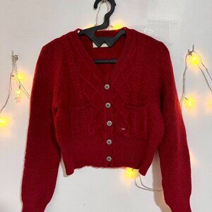 Red Cropped Cardigan Sweater Silver Buttons